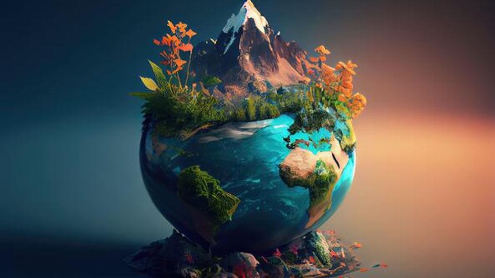 A globe with mountains and plants growing