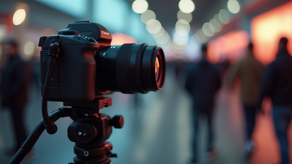 Close-up view of a camera lens and tripod setup at an event