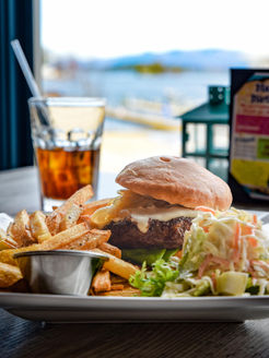 Beef burger with fries and slaw
