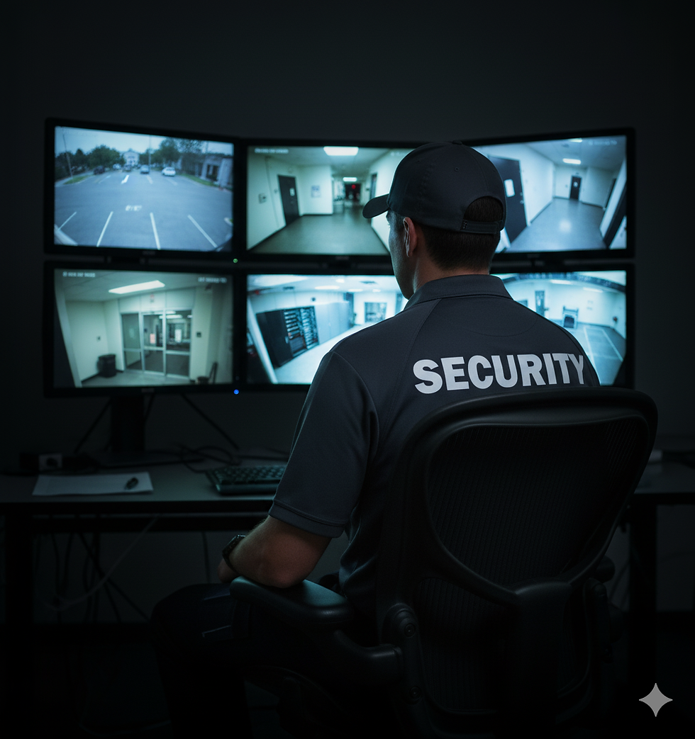 Close-up view of a security officer checking surveillance monitors