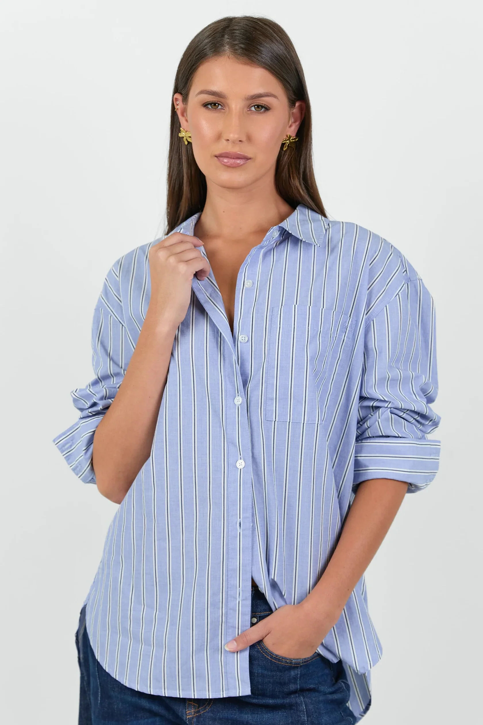 You got this blue navy stripe shirt