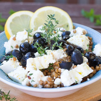 Almost Vegan Greek Lentil Salad Bowl With Olives & Feta