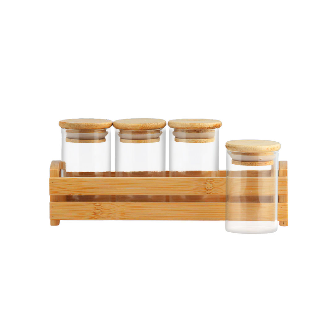 Conjunto com 04 Potes Borossilicato 90ml Redondo com Tampa e  Suporte de Bambu