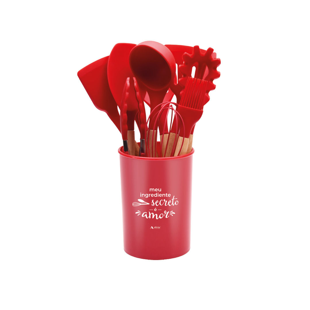 Utensílio Conjunto de Cozinha Silicone 12 Peças Com Suporte - Vermelho