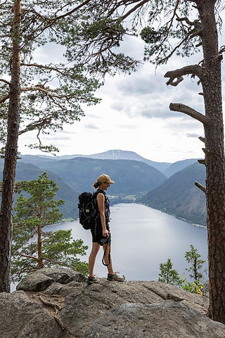 Kvinna vid utsikt med Gaustatoppen bakom