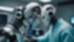 Two humanoid robots face each other in a futuristic lab. One wears a blue coat. The scene conveys a tense yet intimate interaction.