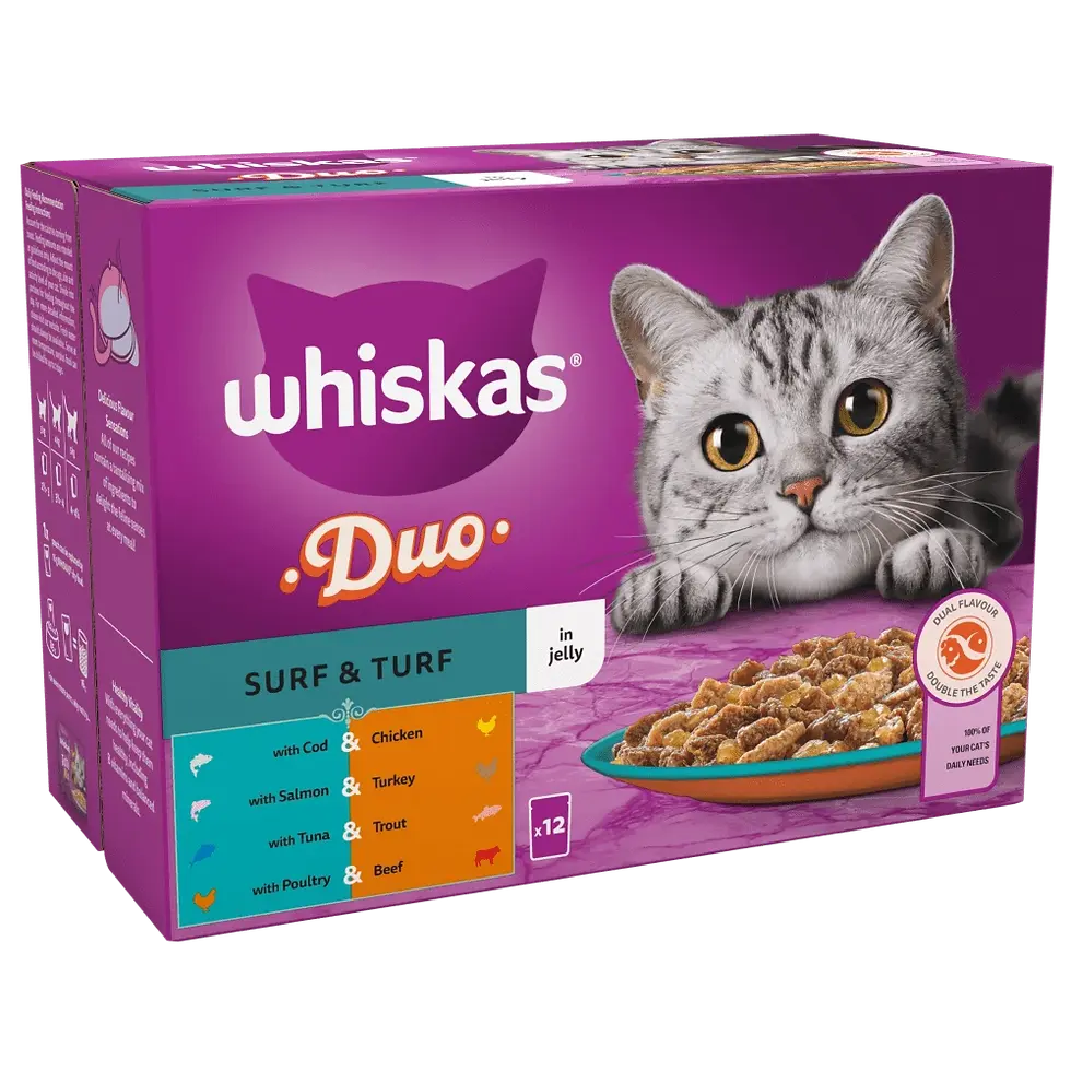 Whiskas 1+ Duo Surf and Turf Adult Wet Cat Food Pouches in Jelly 12 x 85g