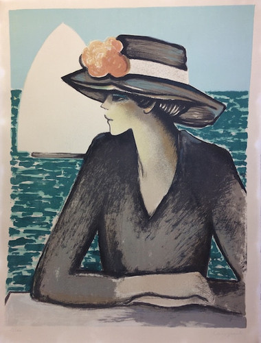 Jean-Pierre Cassigneul. Femme au chapeau. Lithographie signée