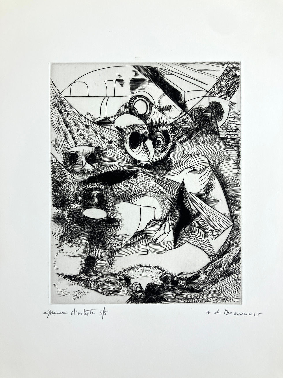 Hélène de Beauvoir (1910-2001). Hiboux. Eau-forte signée.