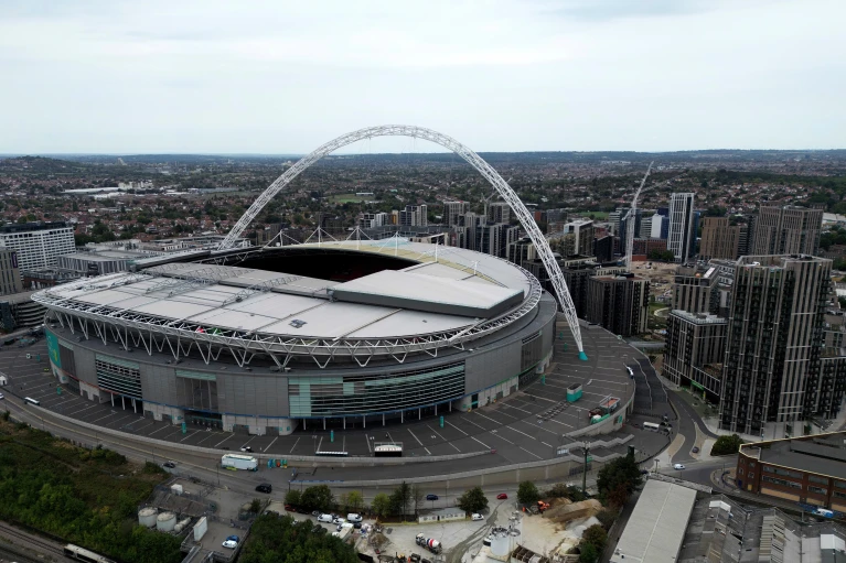 An aerial view of Wembley stadium in London, Thursday, Sept. 1, 2022. (AP Photo/Frank Augstein, File)