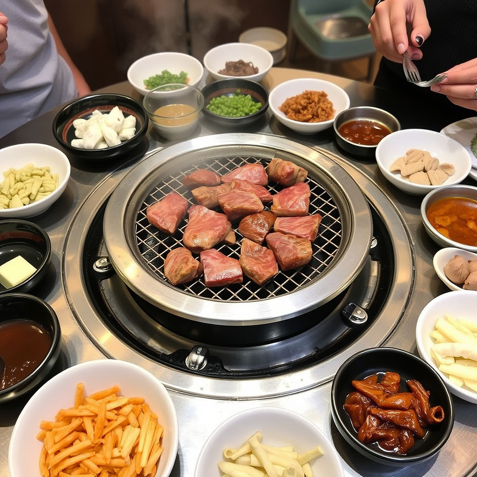 Korean BBQ usually features a grill that's surrounded by an assortment of banchan (side dishes)