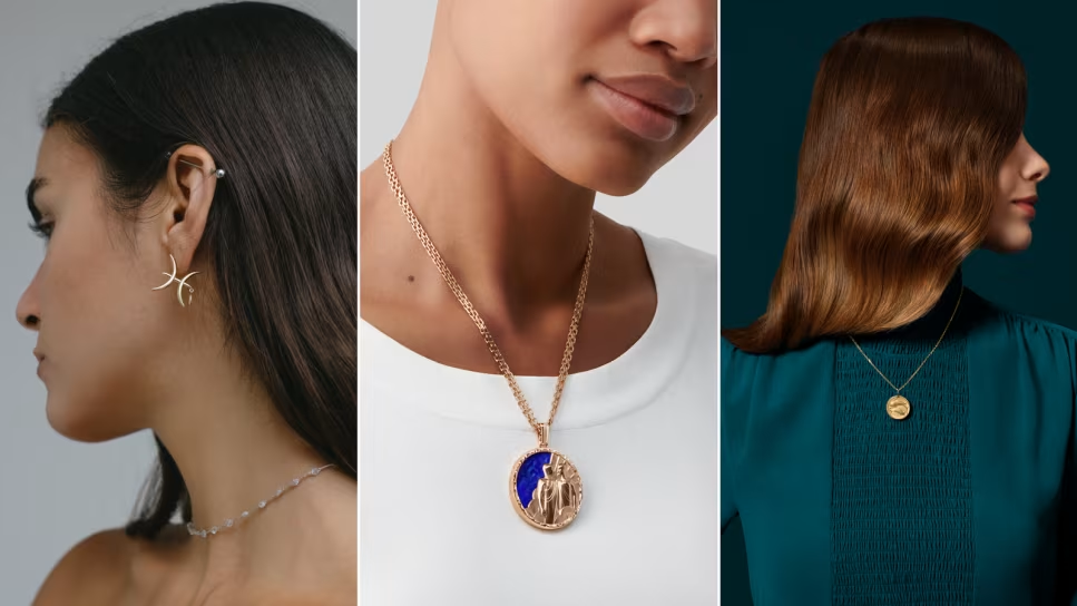A model wears a design from the Milamore zodiac collection (left); both models wear a piece from the Van Cleef & Arpels collection (center and right).Milamore/Van Cleef & Arpels) 