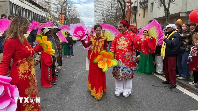An áo dài performance by the Vietnamese community in France during the Lunar New Year 2026 parade in Paris. — VNA/VNS Photos
