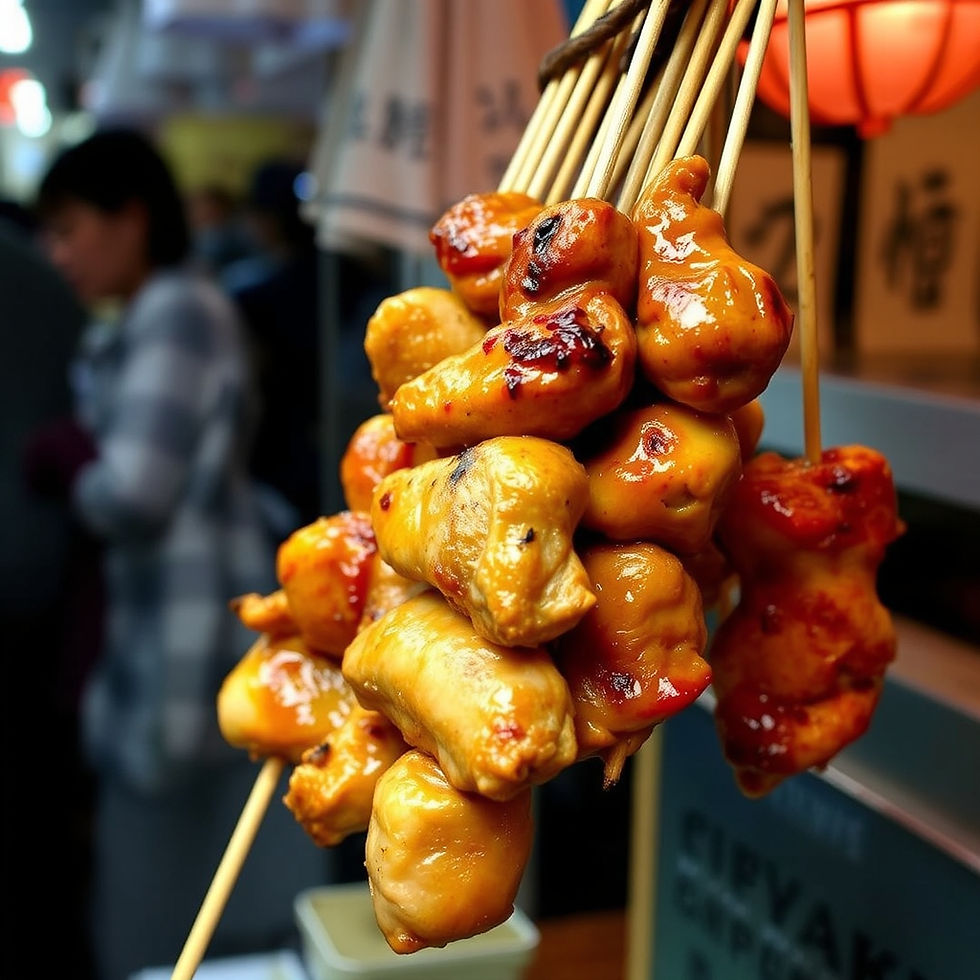 Japan's yakitori - barbecued chicken on bamboo skewers