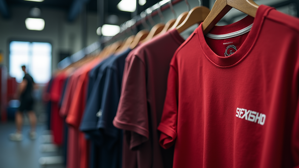 Eye-level view of a fitness apparel rack featuring RedStrong workout shirts