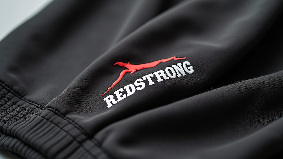 Close-up view of Redstrong branded sportswear fabric texture