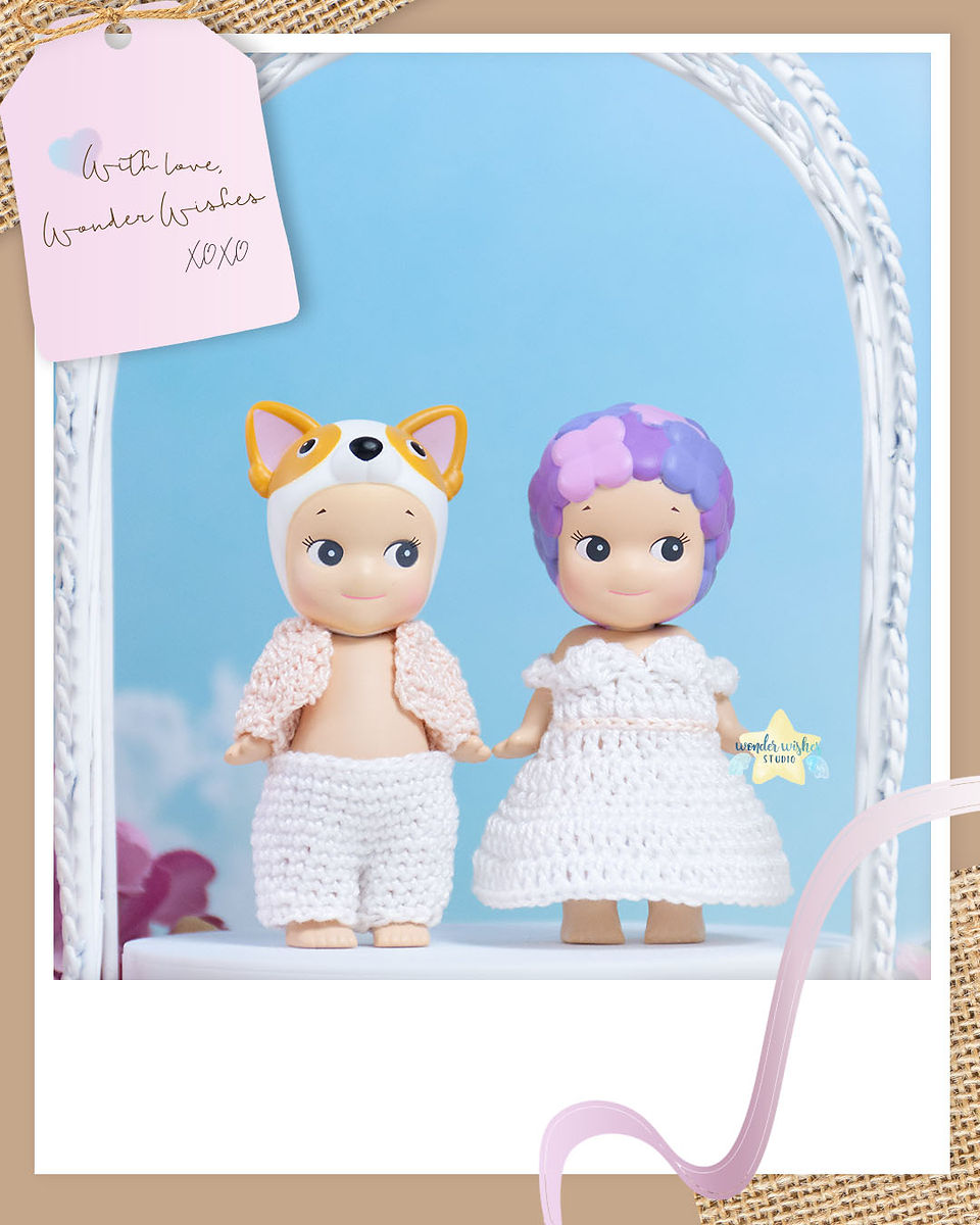 sonny angels modelling crochet wedding clothes
