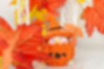 A toy pig modelling an orange hat and orange pumpkin clothes front view