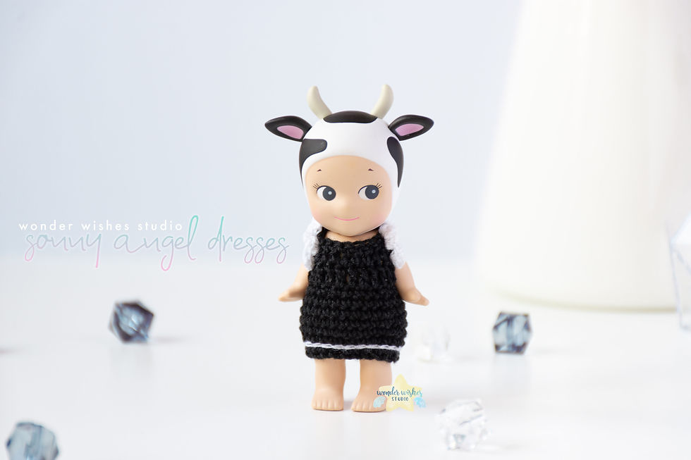 a sonny angel modelling the crochet dress front view