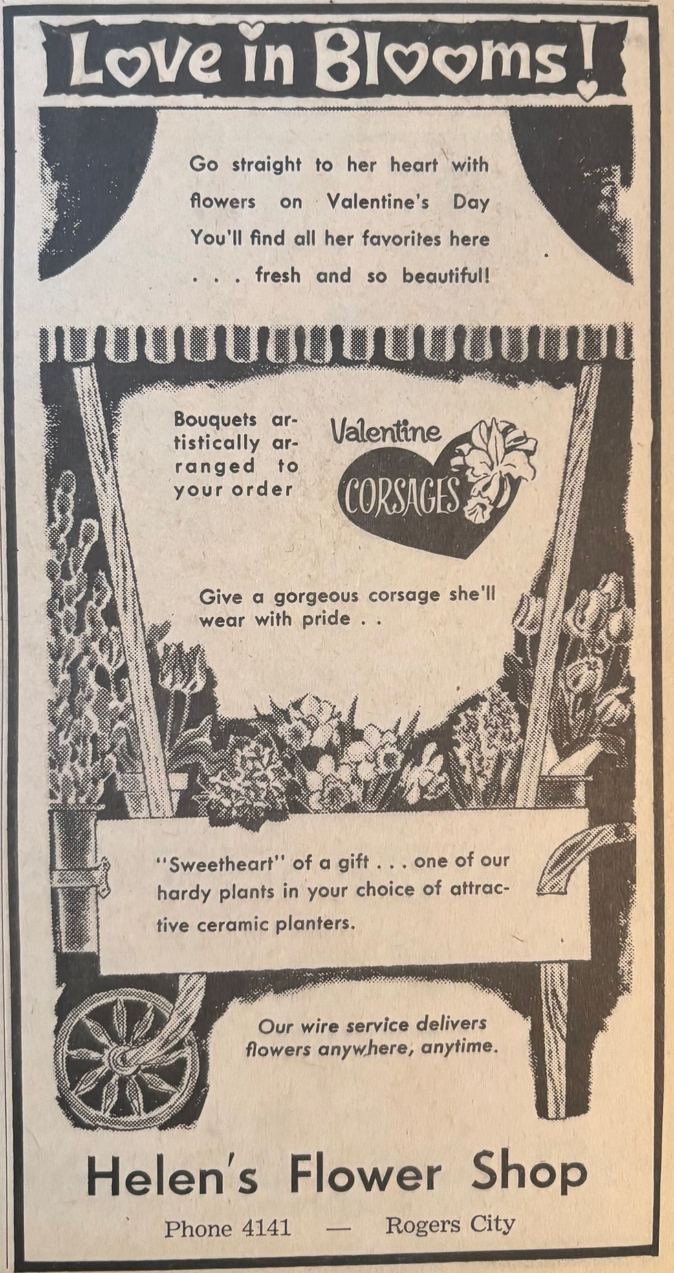 Helen's Flower Shop Valentine's Day Ad, 1961