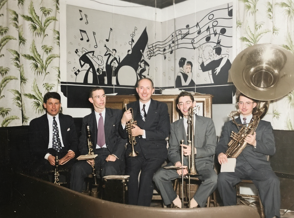 The German Band includes Bob Leow, Carl Leow, Rhoud Benson, Del Conley, and Don Benson