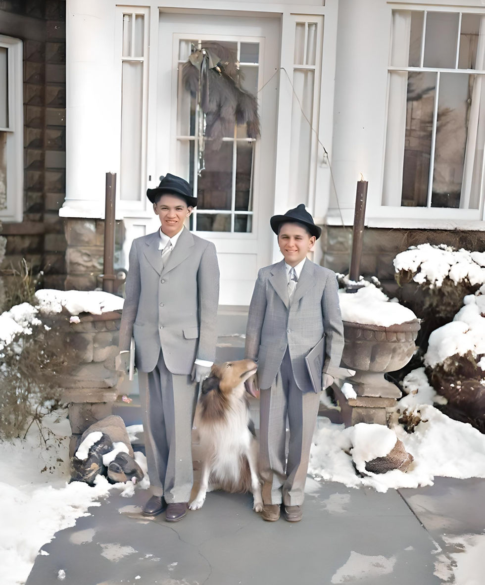 Jim and Joe Valentine with their dog Bruce in 1949