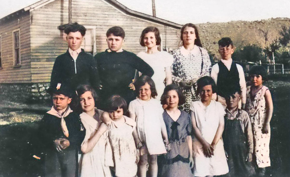 Children of Little Italy include Back row: Joe Micketti, Peter Savina, Mary Micketti, Angeline Santini, and Joe Micketti. Front row: Ray Savina, Nina Micketti, Norma Micketti, Betty Micketti, Mary Savina, Eleanor Micketti, Tony Micketti, and Ida Micketti.