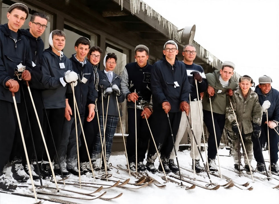 Members of the Rogers City High School Ski Club include Jim Morley, John Vogelheim, Rhoda Noffze, Mike Micketti, Cheryl Hopp, Georgann Strzylecki, Jim Pardike, Bob Quinn, Sponsor Donald Hudak, Lynwood Luebke, Mike Mertz, and Nilo Tayag, 1960