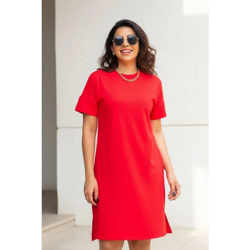Thumbnail: Women's Casual Long Wide-Unicolor Cotton Comfortable Daily Work T-shirt Dress
