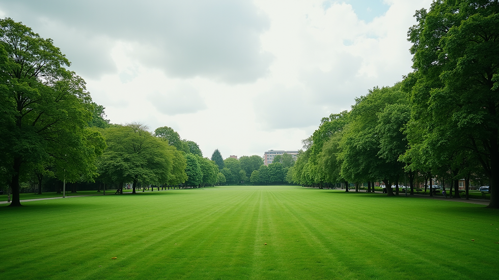 Wide angle view of open green park in Wythenshawe ready for an event