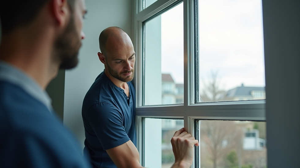 Eye-level view of a professional installing a new glass pane in a window frame