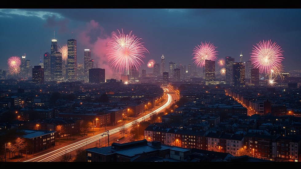 High angle view of Manchester city skyline with fireworks at night