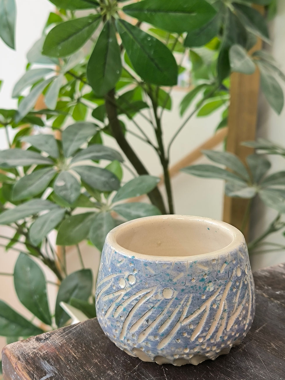 Eye-level view of a beautifully glazed ceramic bowl on display