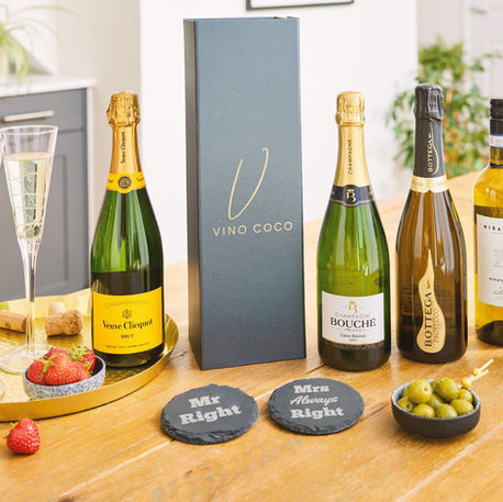 A selection of Wine, Prosecco & Champagne Gift Sets perfect for anniversaries, engagements and weddings. Perfect for couples, or for your wife or husband, featuring Mr & Mrs Slate Coasters