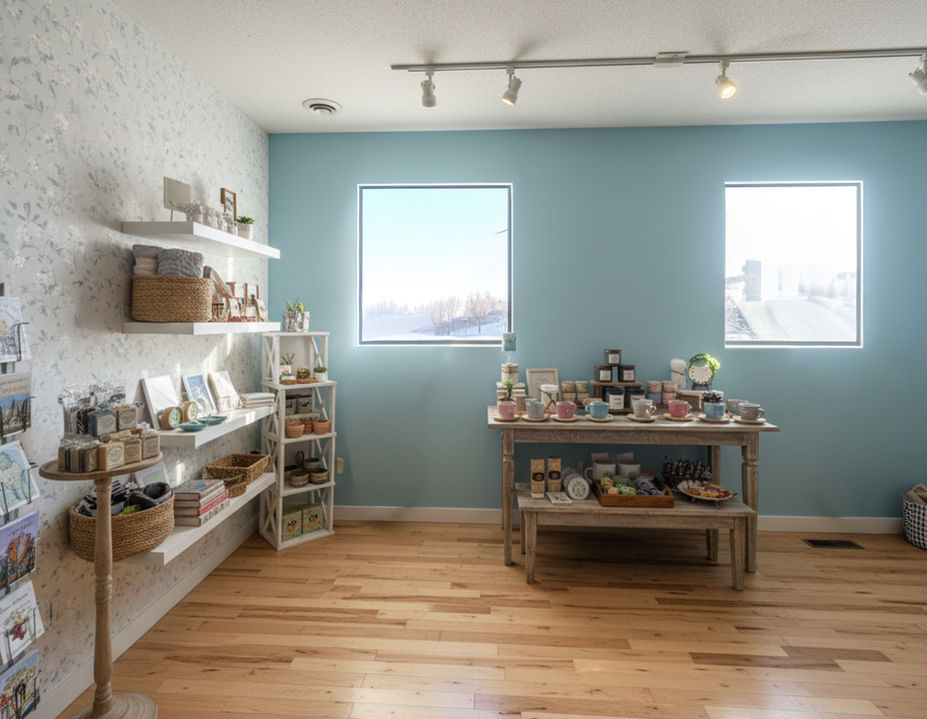 Bright gift shop interior with shelves, table, and two windows with products.