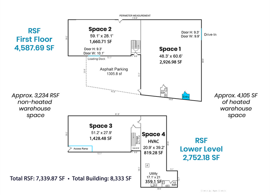 Floor plan showing First Floor, Lower Level, with 8,333 SF building total.
