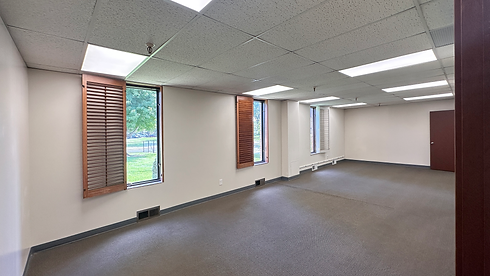 Empty rectangular office space with carpeted floor, drop ceiling and fluorescent lights, three tall windows with wooden shutters showing trees outside, neutral beige walls and a closed wooden door at the far end.