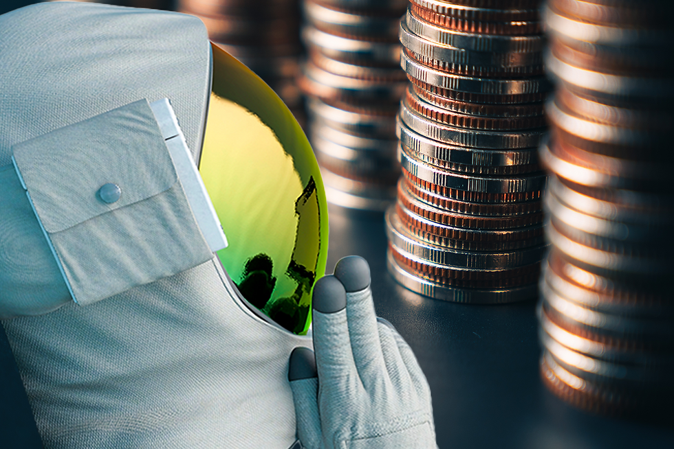 Close up of astronaut looking at stacks of coins.