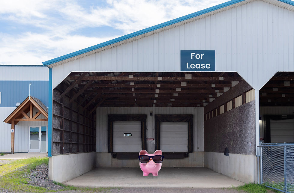 Covered dock and service door. Piggy bank with CEG sunglasses ready for the space to be leased