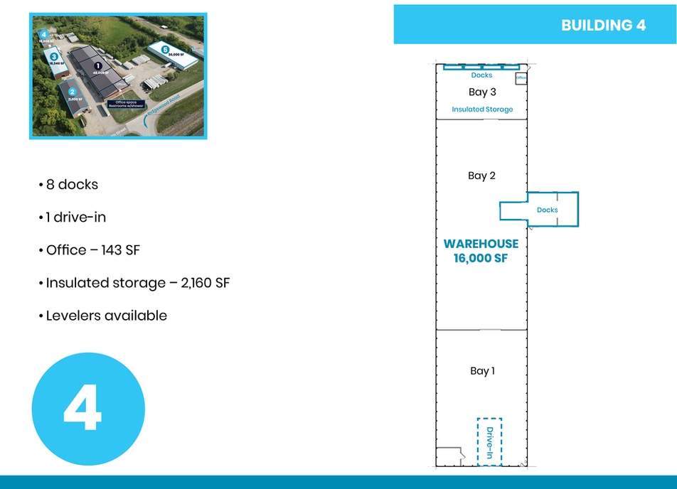 Floor plan of Building 4 showing warehouse, docks, drive-in and an office.
