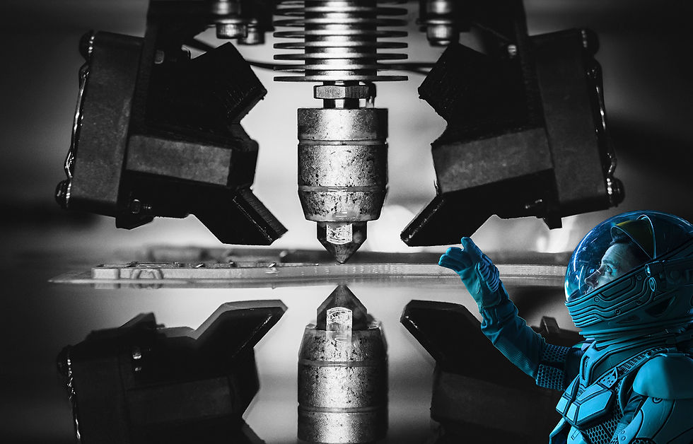 Astronaut in a blue suit reaches towards a large mechanical device in a futuristic setting. Reflections create a symmetrical effect.