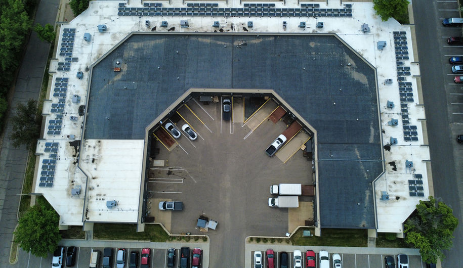 Bird's eye view of flex building with a "U" shape.