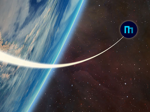 Earth curved over space, with a white trail leading to a blue symbol. Starry background, evokes a sense of motion, exploration, and soaring flight path.