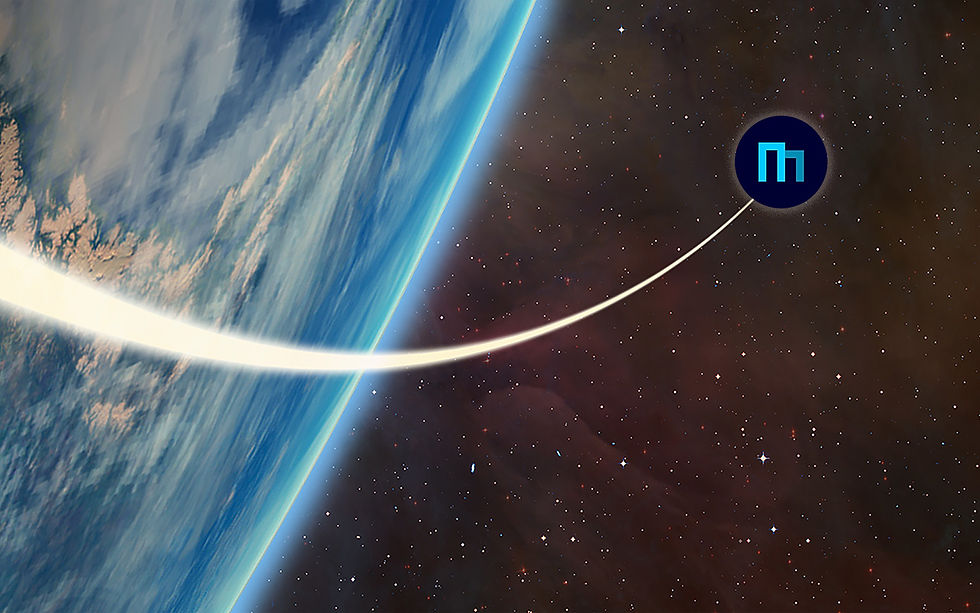 Earth curved over space, with a white trail leading to a blue symbol. Starry background, evokes a sense of motion, exploration, and soaring flight path.