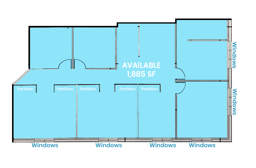 Office floor plan: 1,885 SF available. Highlights partitioned spaces and private offices.