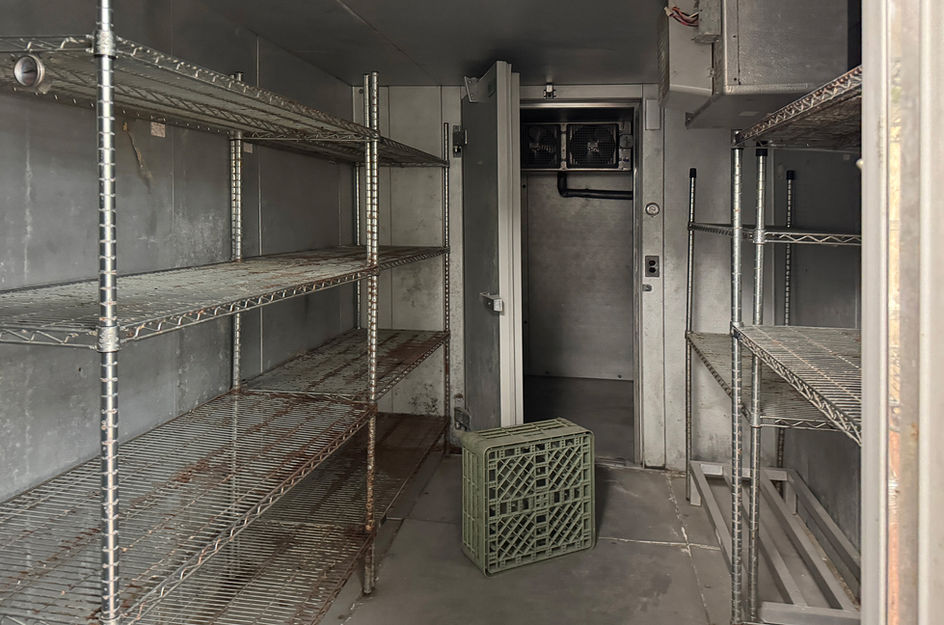 Industrial walk-in cooler with empty metal shelving and green grate.