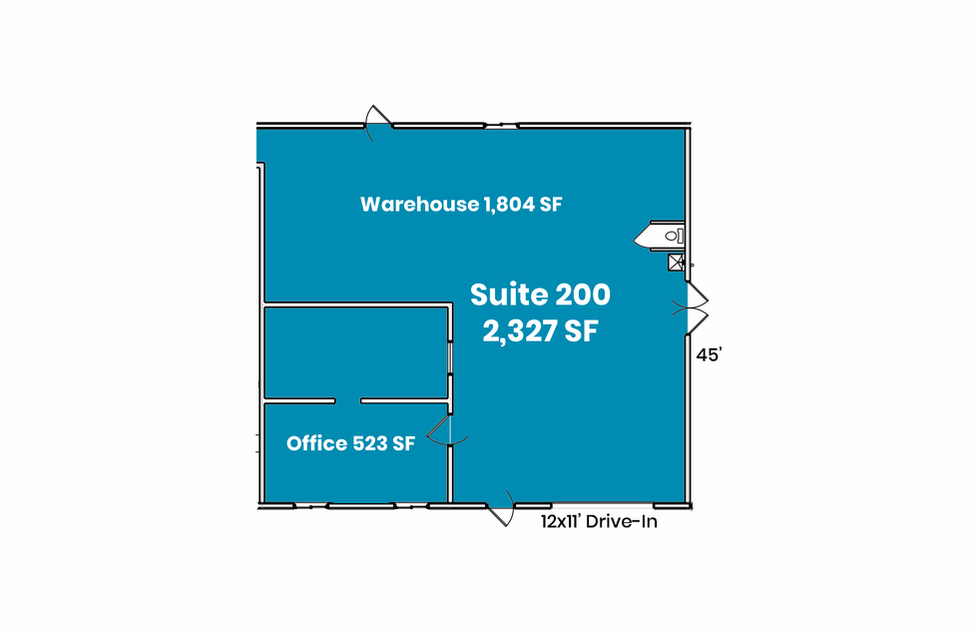 Suite 200 floor plan with office and warehouse space. 12x11' drive-in and doors to suite 300.