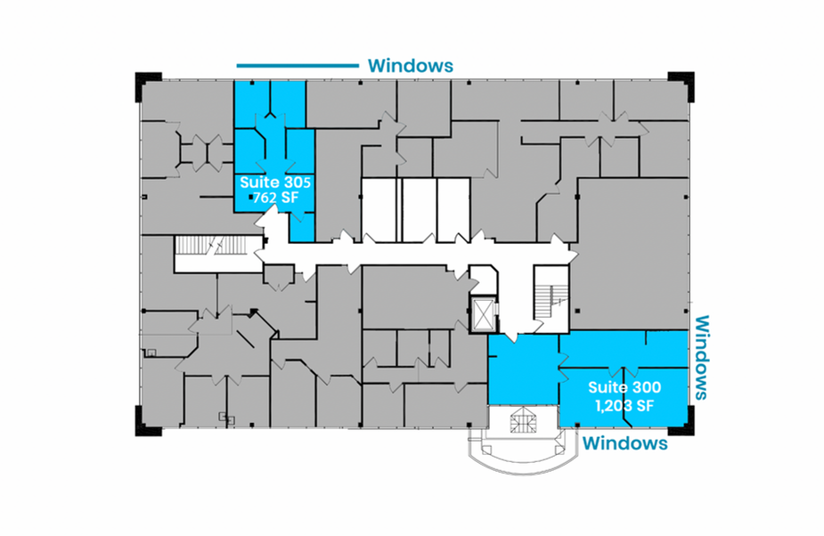 Office floor plan. Two third floor suites available.