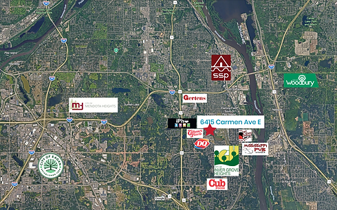 Map of Climb Theatre Offices at 6495 Carmen Ave E and surrounding businesses and cities.