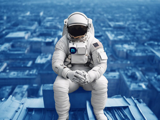 Astronaut in white suit sits on a ledge, overlooking a blurred cityscape. American flag and blue patch on suit; serious mood.